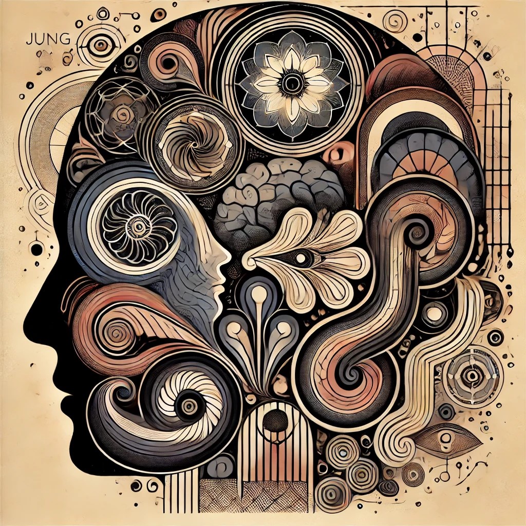 Abstract representation of the human mind with layered silhouettes and symbolic images