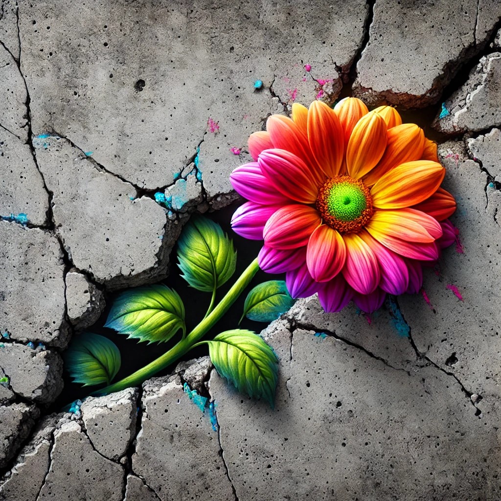 A flower breaking through concrete, symbolizing resilience and growth