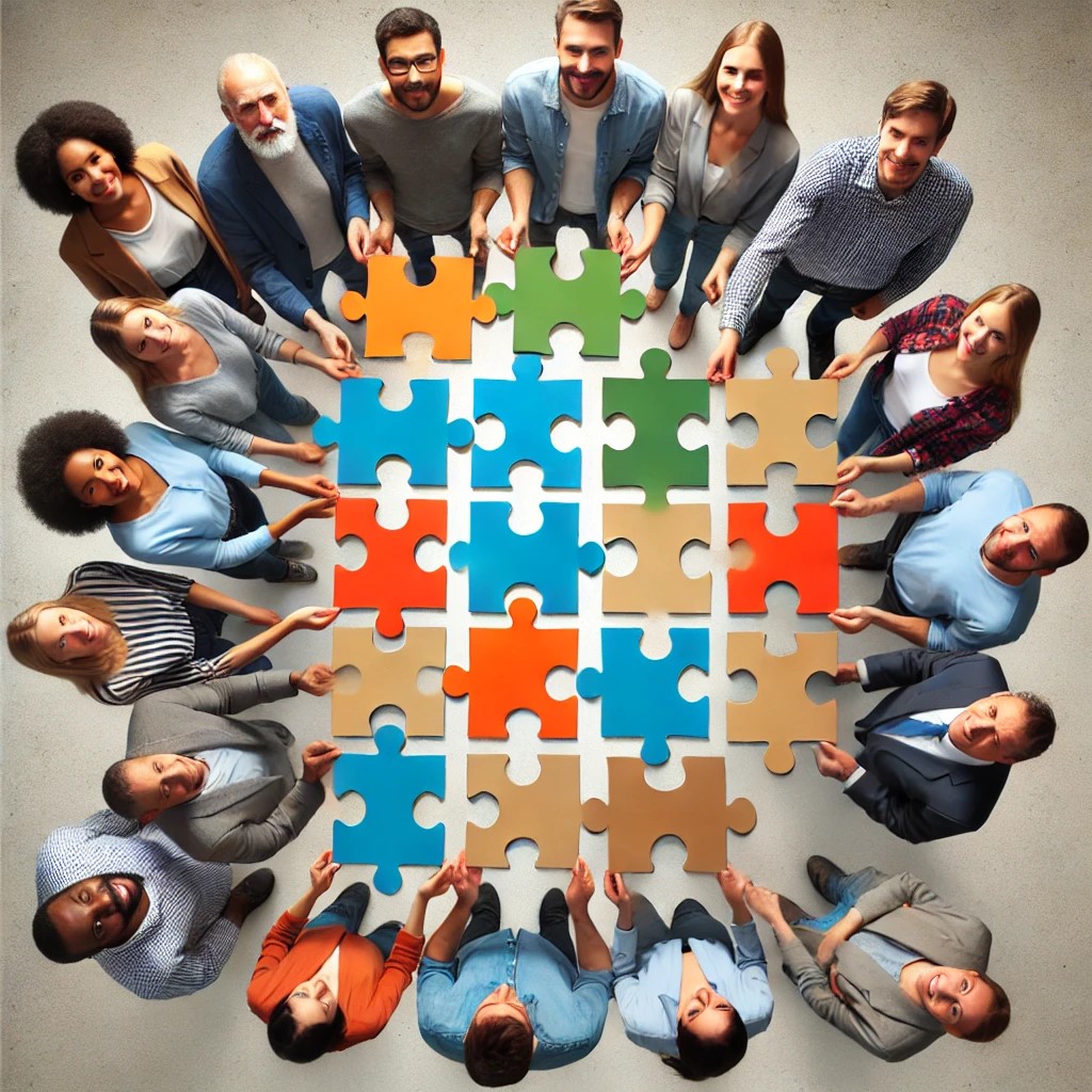 Diverse individuals connecting puzzle pieces together