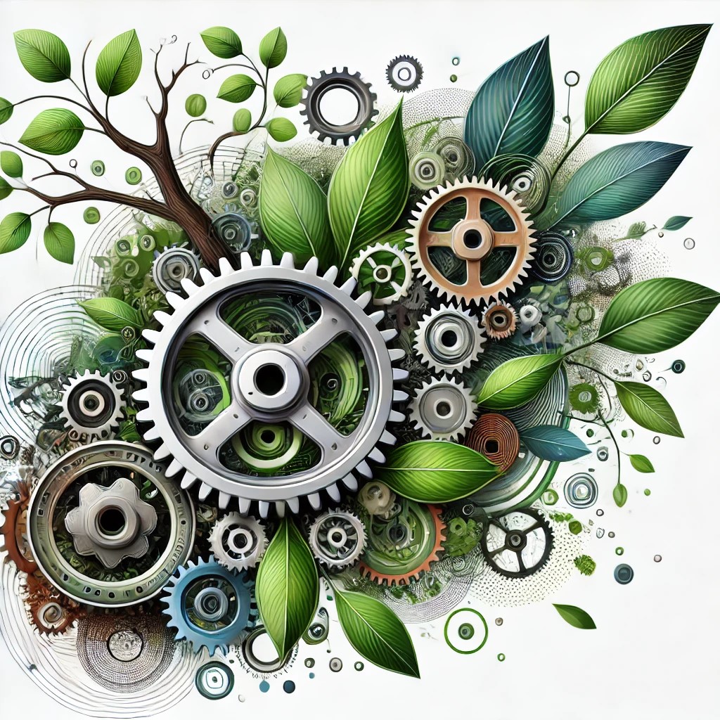 Interconnected gears blending with natural elements like leaves and branches