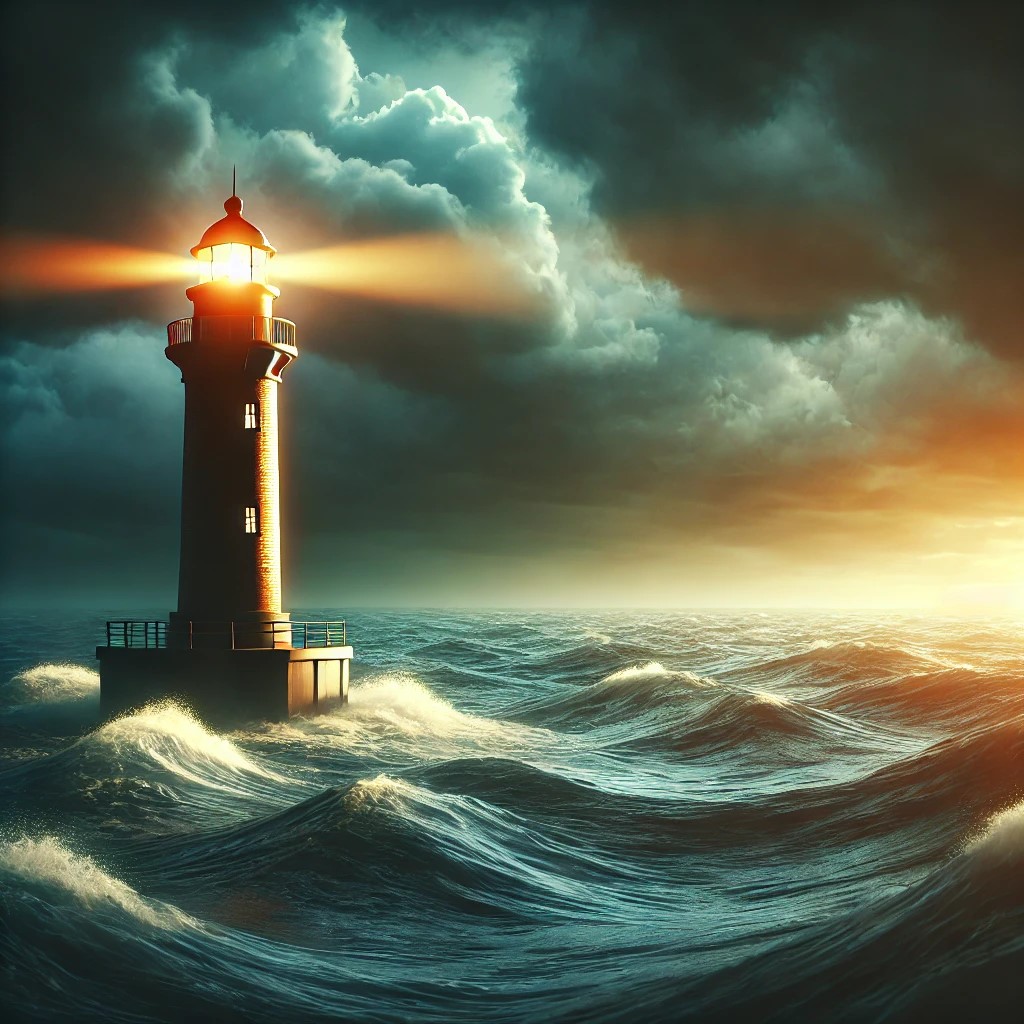 A lighthouse shining its light across turbulent seas