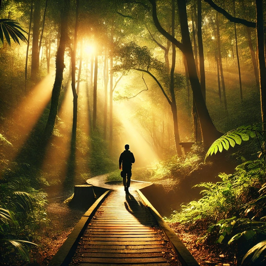 A person starting a journey on a serene path through a forest