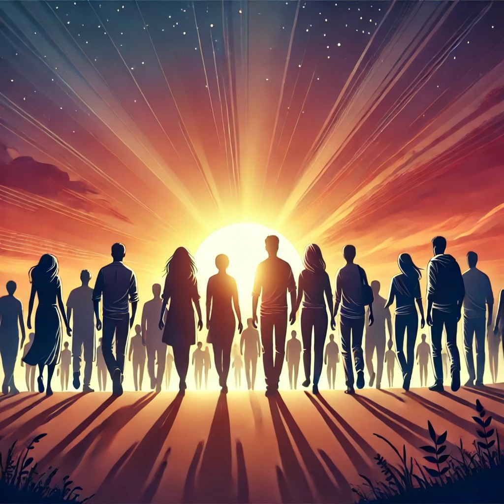 A group of people walking together on a path towards the horizon