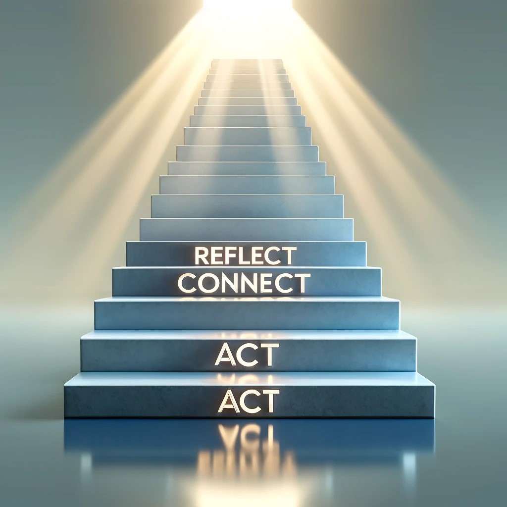 A staircase leading upward with motivational words on each step