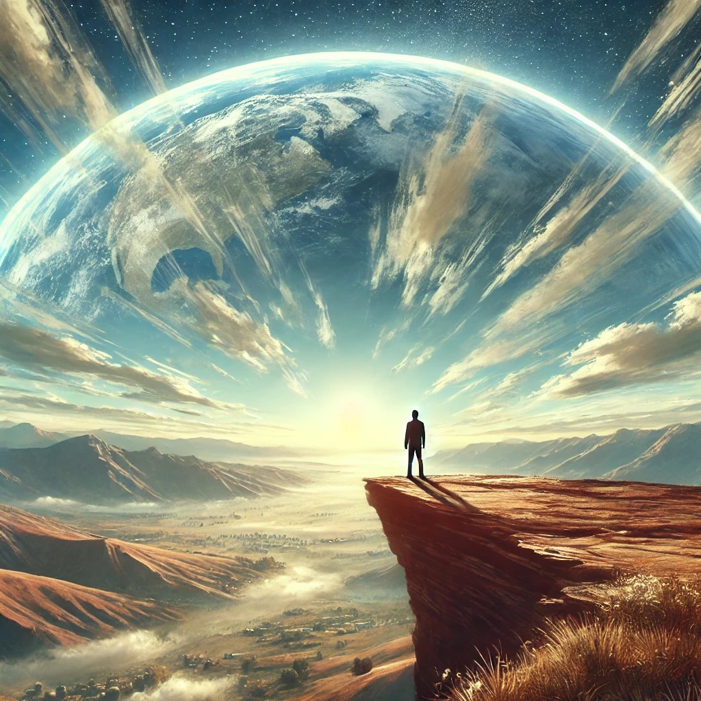 Person standing on the edge of a cliff overlooking a vast landscape